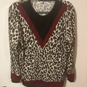 Chic Animal Print Long Sleeve Top with Burgundy Accents